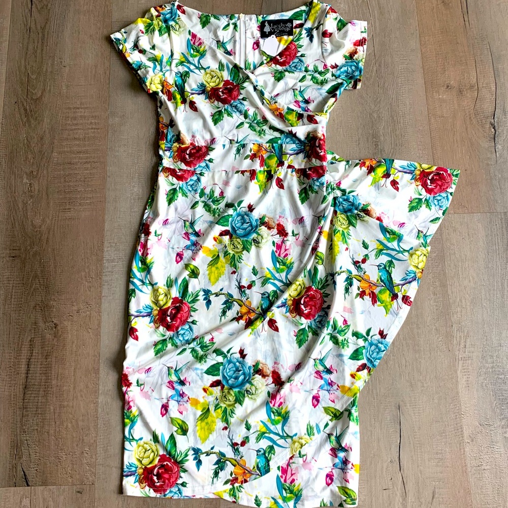 Roses and Hummingbirds by Lady Vintage of London, Size medium wiggle dress.